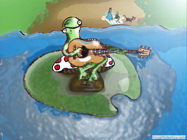 Happy Lake Frog Playing Guitar on a Mushroom on a Lilypad_2